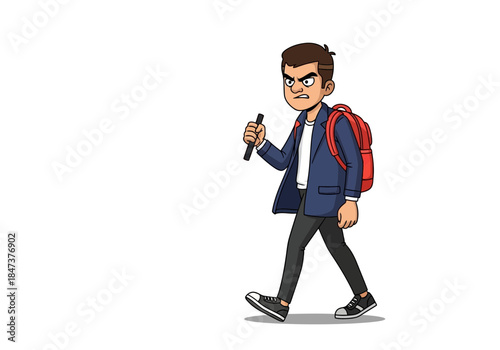 Young man with backpack walks holding a pen.