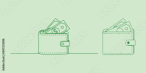 Simple green line art illustration of wallets filled with cash on a pale green background. Finance, money, savings, and wealth concepts.