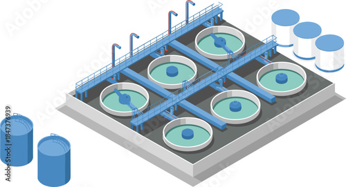 Isometric wastewater treatment plant illustration with circular clarifier tanks filtration system pipelines industrial water purification infrastructure technology