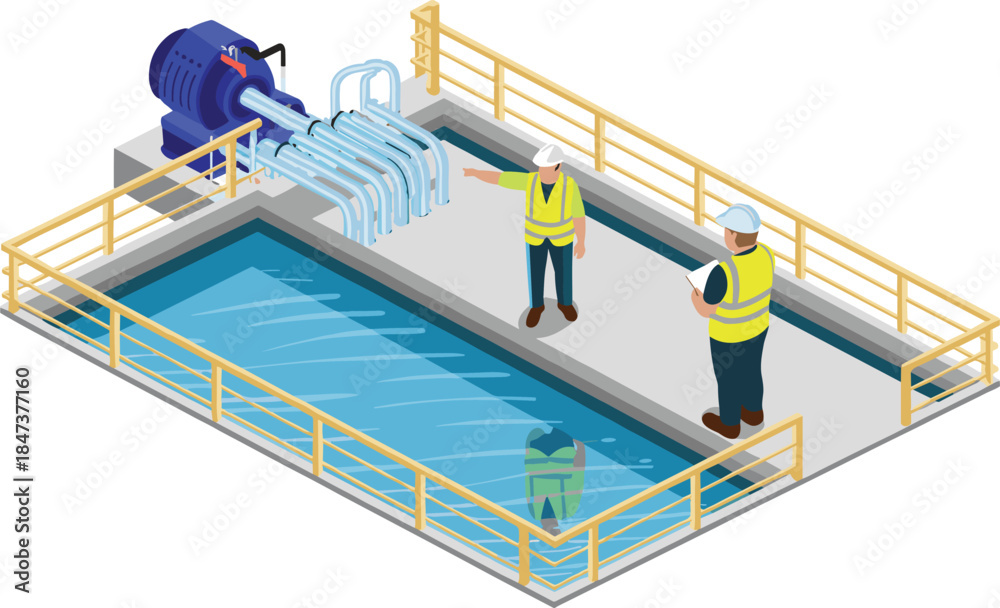 Naklejka premium Isometric water treatment facility inspection illustration with engineers monitoring pump system basin industrial safety infrastructure process management concept