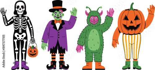Cute Halloween costume characters vector set with skeleton, monster, pumpkin, and spooky cartoon outfits illustration