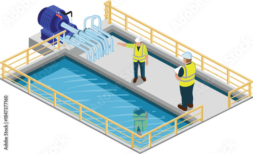 Isometric water treatment facility inspection illustration with engineers monitoring pump system basin industrial safety infrastructure process management concept