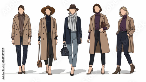 Elegant women in stylish winter outfits walking confidently