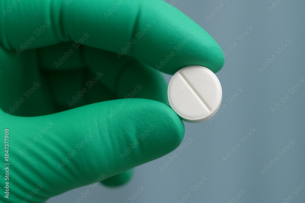 Obraz premium Hand in green protective glove holding a single round white medication pill for pharmaceutical industry concept