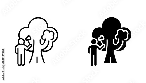Deforestation linear icon set. Forest degradation and exploitation. Chopping wood. Logging industry. vector illustration on white background