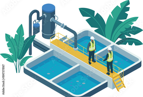 Isometric water treatment plant inspection illustration with engineers monitoring filtration basins industrial wastewater purification environmental infrastructure system