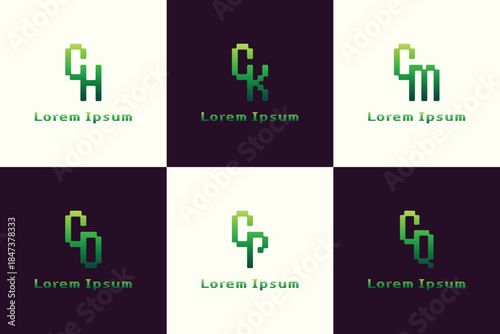 Letters CH CK CM CO CP CQ Pixel Monogram Logo, for HC KC MC OC PC QC initials