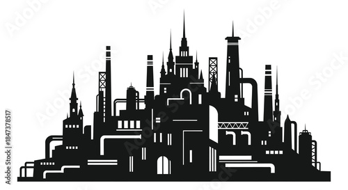 Dramatic cityscape with towering spires and industrial structures presented as a striking silhouette