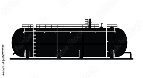 Detailed black and white illustration of an industrial storage tank design a bold silhouette