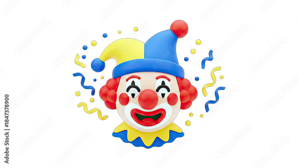 Fototapeta premium 3D Clown Head with Confetti on White Background