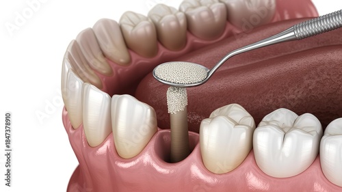 Application of bone graft material to a dental implant using a dental instrument in a close up digital render illustration, offering a detailed view of a dental