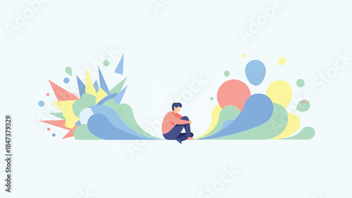 A lone person sits curled amid flowing pastel shapes on either side, evoking introspection quietly!!