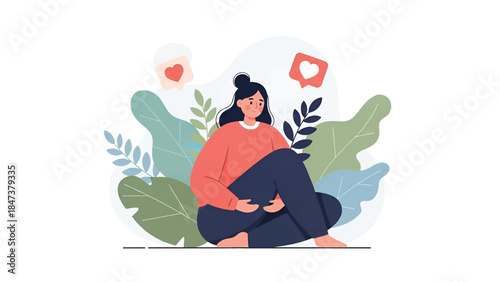 A young woman sitting cross-legged among oversized leafy plants, smiling with heart icons above her