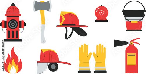 Firefighter equipment and fire safety tools set including helmet, hydrant, extinguisher, axe, alarm illustration