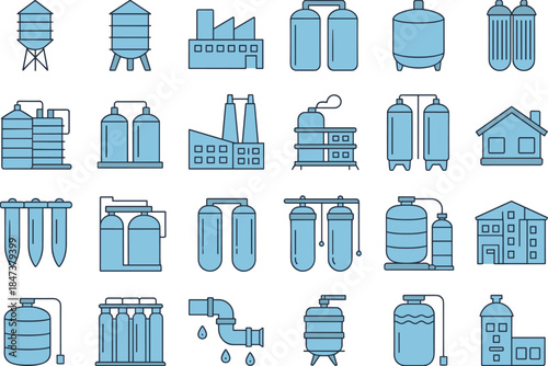 Water treatment and industrial purification icons set featuring tanks pipelines factories filtration systems clean water vector illustration