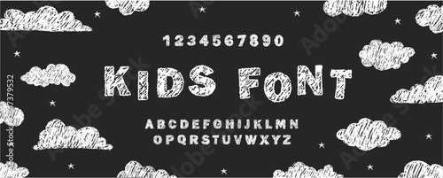 English alphabet crayon. Retro and playful font with scribble elements. Party invitations or school graphics. Vector illustration.