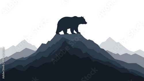 Dark bear silhouette stands atop layered blue-gray mountain ridges under pale blank sky. Serene view