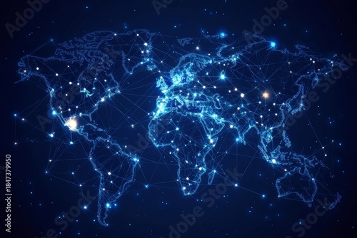 Geometric design and network connections, symbolizing communication, community, and global business through abstract connections. A creative digital map of global interaction, Generative AI