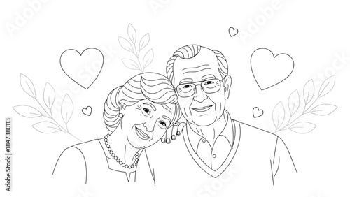 Elderly couple smiling, woman resting head on man's shoulder, surrounded by hearts and leaves in ink