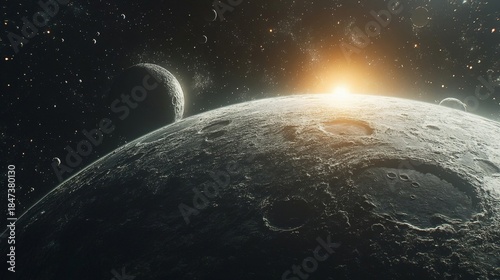 View of Earth from space, highlighting the moon and celestial bodies for science research, astrology, and exploration. A cosmic representation of the universe with planets, craters, Generative AI