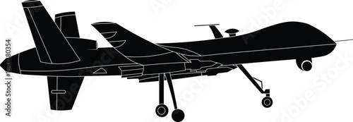 Silhouette of an unmanned combat aerial vehicle side view vector illustration. Combat drone illustration. 