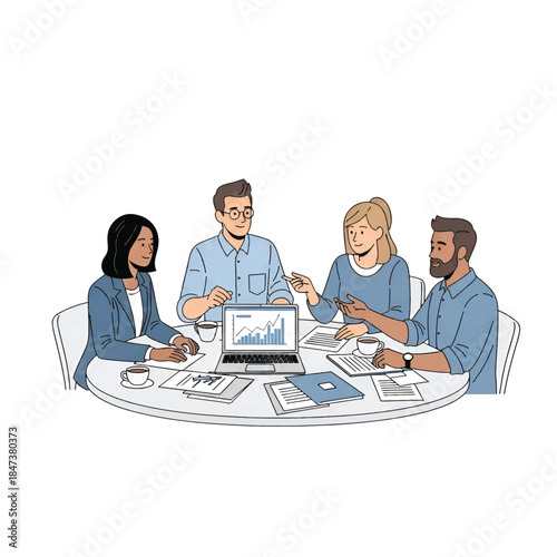 Four colleagues sit around a round table, reviewing charts on a laptop with papers and coffee nearby