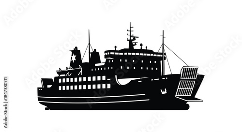 Detailed black silhouette of a large passenger ship with multiple decks and prominent structures silhouette