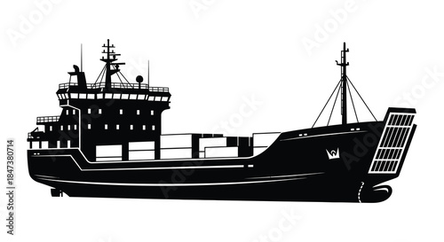 A striking black silhouette of a large cargo ship at sea showcasing maritime transport silhouette
