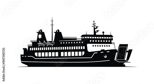 A striking black and white illustration depicts a large passenger ferry ship a beautiful silhouette