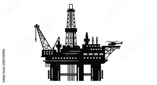 A detailed black silhouette of an offshore oil rig with a helicopter platforms and derrick silhouette
