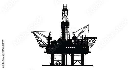 A striking black silhouette of an offshore oil rig structure against a white background silhouette