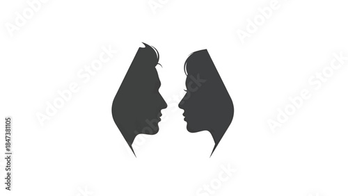 Minimalist mirrored silhouettes of two human profiles facing each other in dark gray on white. motif