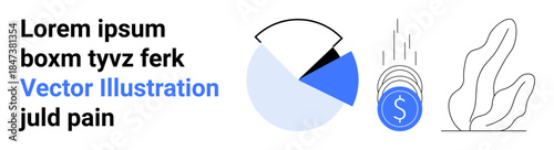 Financial growth, data analysis, business investment, digital economy, statistics, economic trends. Pie chart and falling coins are alongside sleek graphics. Financial growth and data analysis