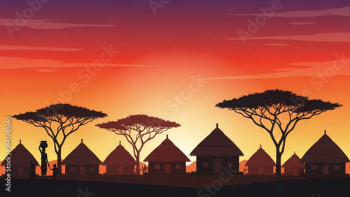 African village at sunset with acacia trees and thatched huts in silhouette against vibrant orange and purple sky