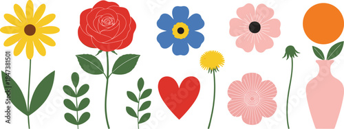 Minimal floral vector set with colorful flowers, leaves, heart shapes and decorative vase elements