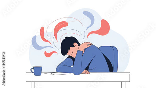 Person slumped over desk head on arms, colorful abstract stress shapes swirling above, cup nearby...