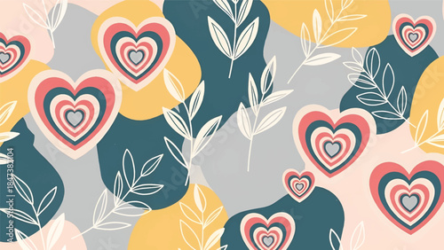 Playful layered hearts and delicate white leaf sketches over abstract teal, mustard, peach shapes...