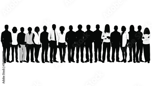 Row of diverse professional silhouettes standing shoulder-to-shoulder on a white background in black