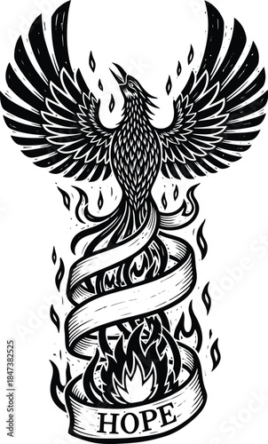 Linocut phoenix rising with ribbon tail symbolizing hope gratitude strength black white vector art