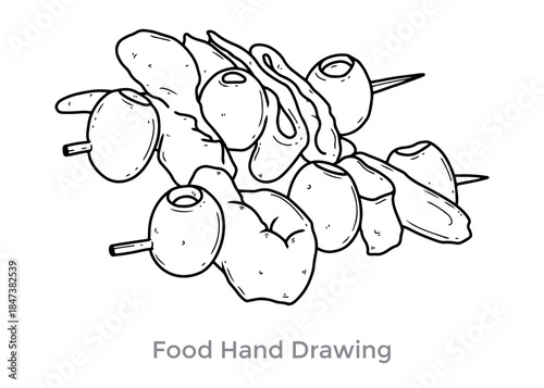 Delicious Delight: Simple hand-drawn illustration featuring a variety of skewered ingredients, perfect for culinary and design projects. The artistic depiction celebrates food in a minimalist style. 