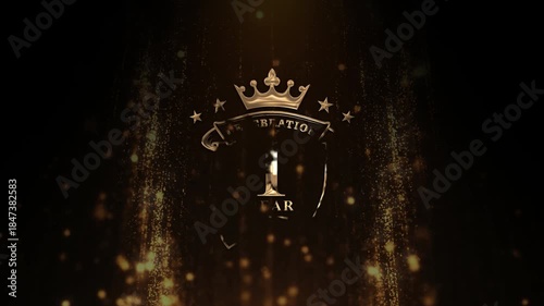 Elegant 4K animation of the 1st anniversary golden logo with wings, crown and stars on a black background.