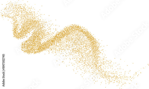 Swirling wave of gold glitter particles, isolated on white background, festive sparkling decorative element