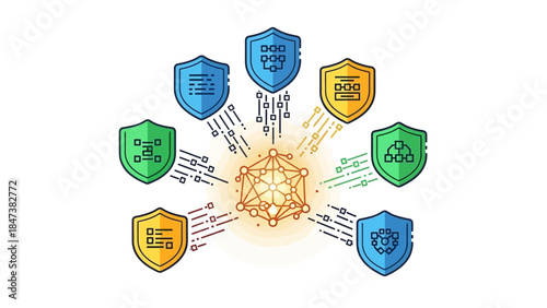 Cybersecurity network protection concept with shields and data flow.