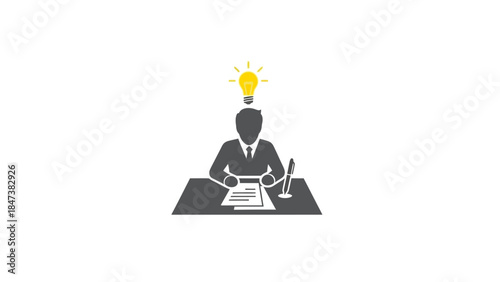 Man in Suit Sitting at Desk with Lightbulb Idea Symbol Above Head.
