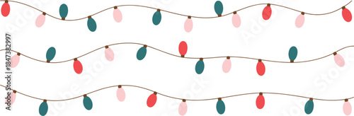 Set of three festive, colorful Christmas string lights, with red, pink, and teal bulbs