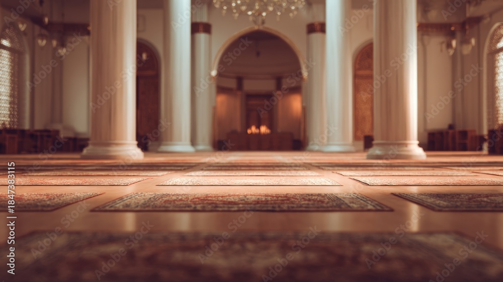 Naklejka premium Grand interior of a mosque with ornate carpets and columns showcasing architectural detail