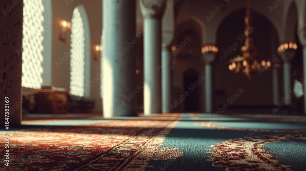 Naklejka premium Ornate carpeted prayer hall with grand columns arched windows and chandeliers