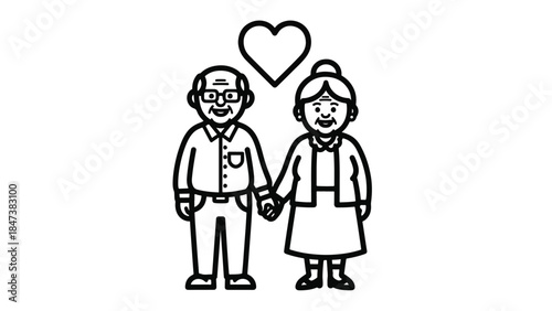 Smiling elderly couple holding hands beneath a heart, simple black line illustration of affection.!!