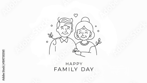 Smiling elderly couple side-by-side, holding a small flower with heart and leafy accents, line art.