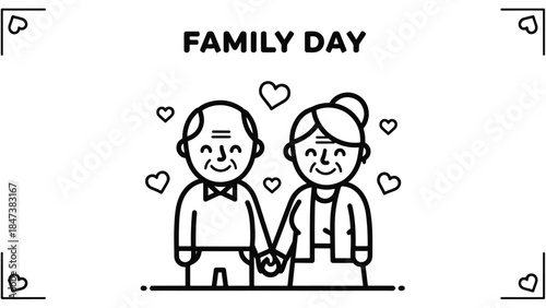 Smiling elderly couple holding hands surrounded by floating hearts under a large, Family Day banner